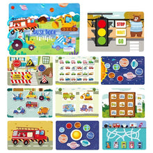 Collection of colorful Montessori Quiet Book educational cards with various illustrations for toddler learning.