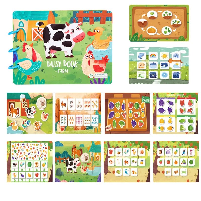 Set of Montessori Quiet Book farm-themed activities on a white background for toddler animal learning.