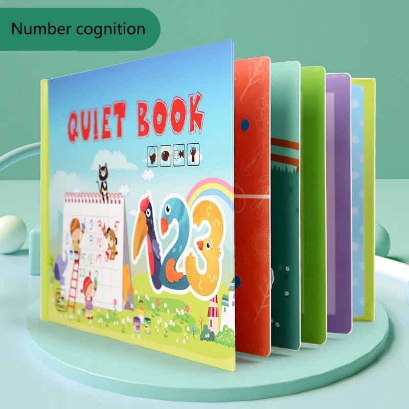 Montessori Quiet Book page with number and animal illustrations on a green background for toddler counting.