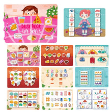 Set of Montessori Quiet Books with life skills and number learning activities for toddler development.