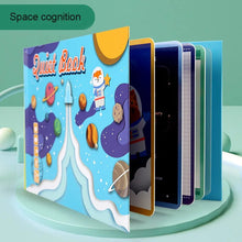 Montessori Quiet Book with a space-themed design on a green background, second view for toddler play.