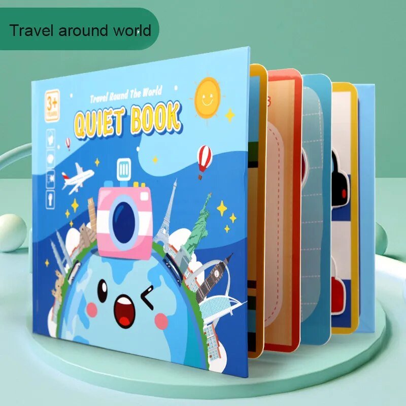 Montessori Quiet Book with travel-themed illustrations on a green background for toddler learning play.