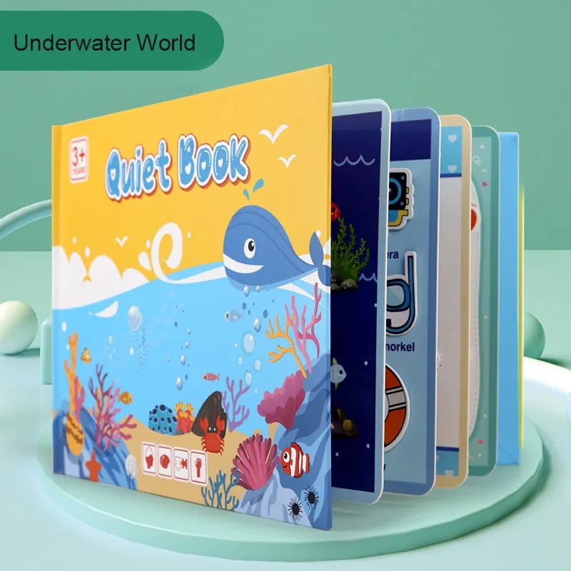 Montessori Quiet Book with an underwater theme on a green background for toddler ocean animal learning.