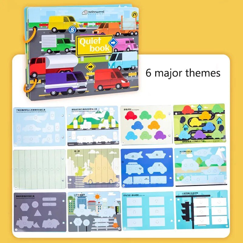 Montessori Quiet Book with various themed pages on a yellow background for toddler puzzle play.