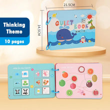 Montessori Quiet Book whale illustration educational pages, second view on a wooden shelf display.