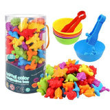 Colorful construction toys with packaging and additional play items.