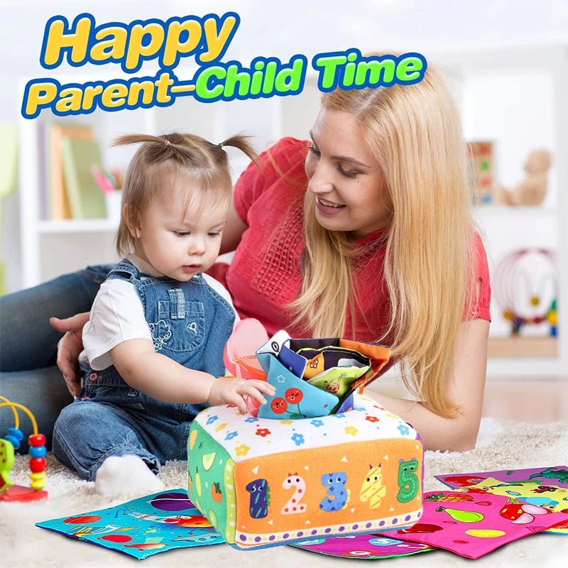Woman and child playing with a colorful toy box in a room with educational toys.