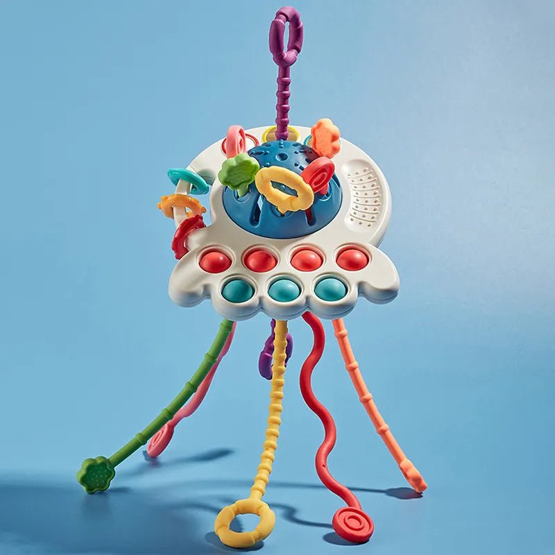 Colorful baby toy with multiple arms and rings
