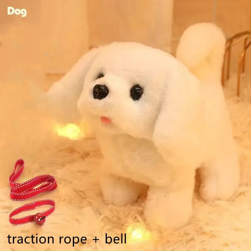 Stuffed dog toy with a red on a soft surface.