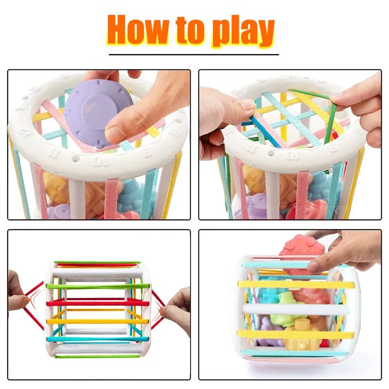 Montessori Colorful Blocks Shape Sorting instructions showing how babies can play and learn.
