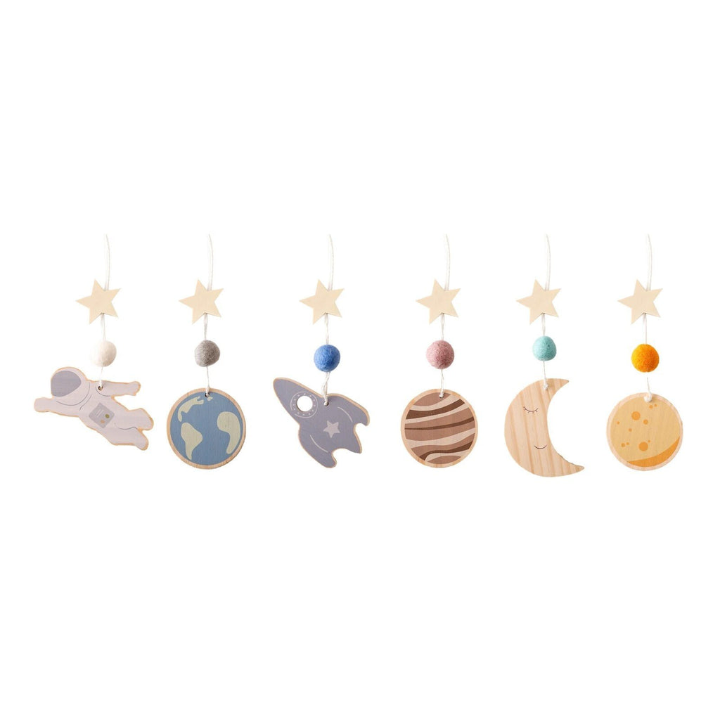 Set of hanging space-themed wooden toys.