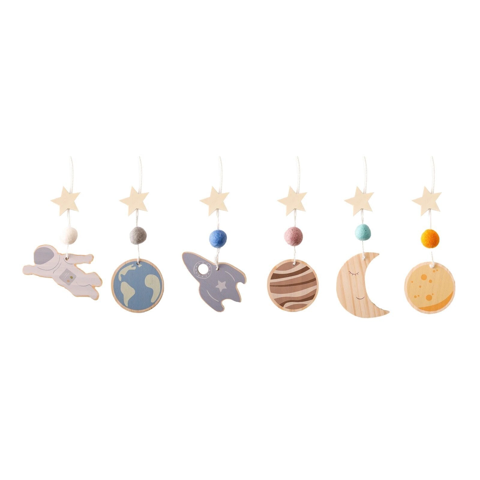 Set of hanging space-themed wooden toys.
