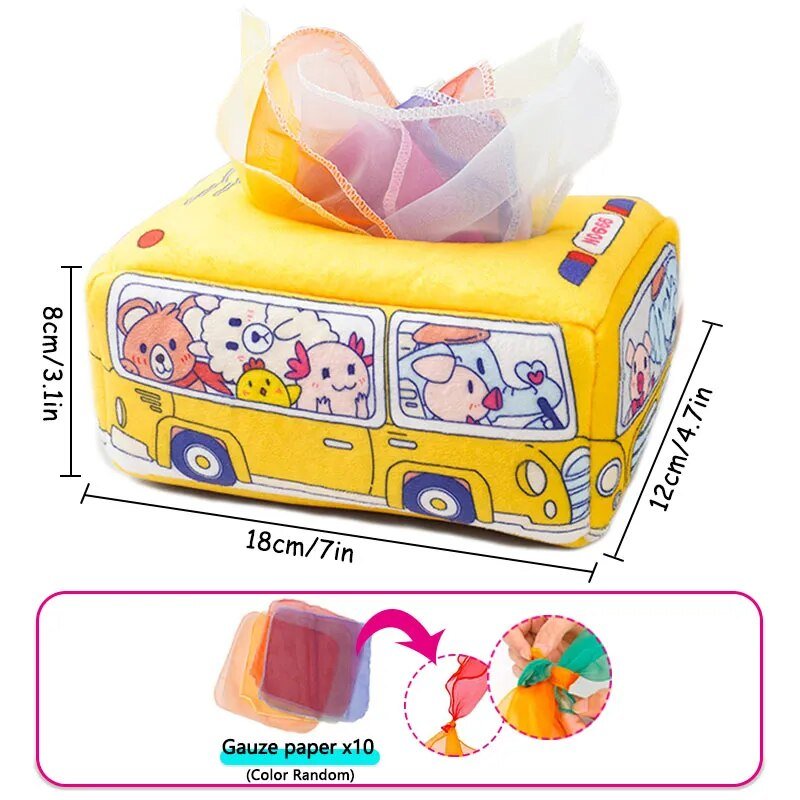 Yellow bus-shaped tissue box with cartoon characters and gauze paper display, showing dimensions and color randomness.