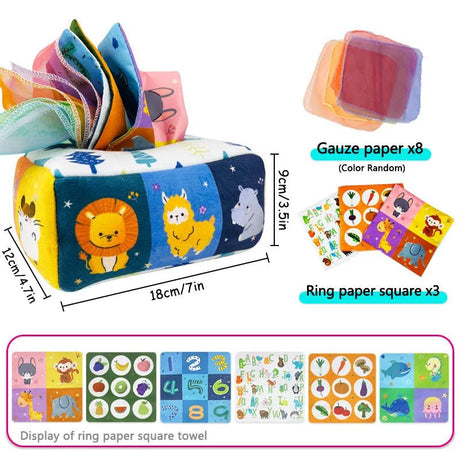 Children's educational toy with cartoon animals and gauze paper, dimensions displayed.
