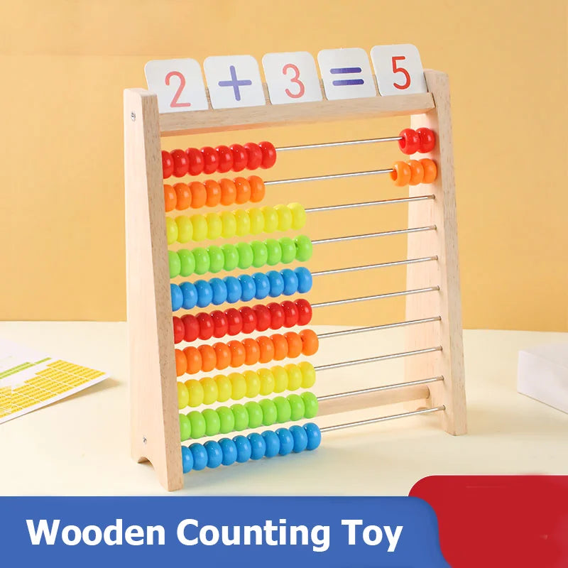 Montessori wooden abacus with rainbow counting beads and number cards for early math learning.