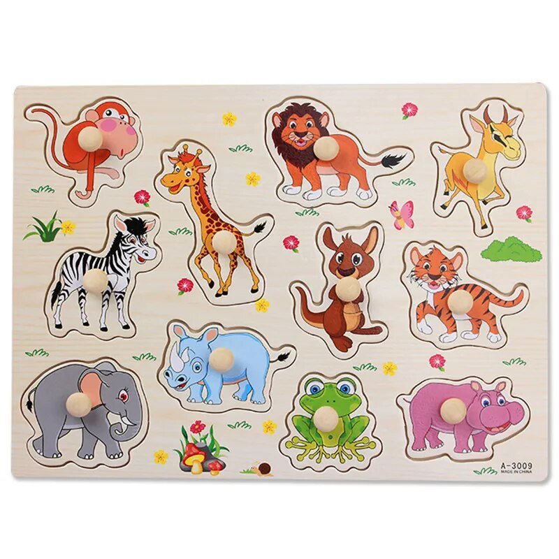Montessori wooden animal figures puzzle toy for toddlers learning animal names through sensory play.