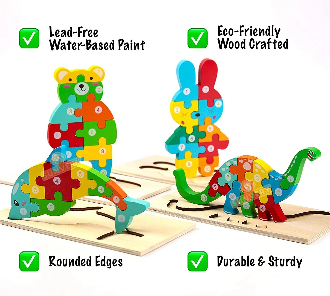Montessori wooden animal puzzles finished with eco-friendly lead-free paint for safe toddler play.