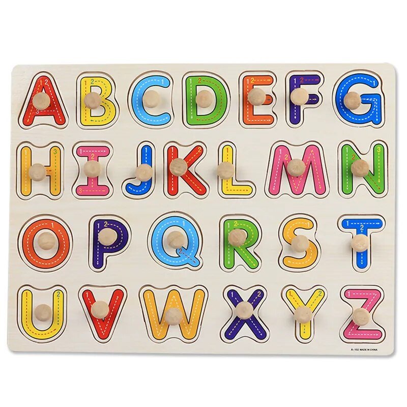 Montessori wooden A to Z alphabet puzzle board for toddlers building pre-reading skills through play.