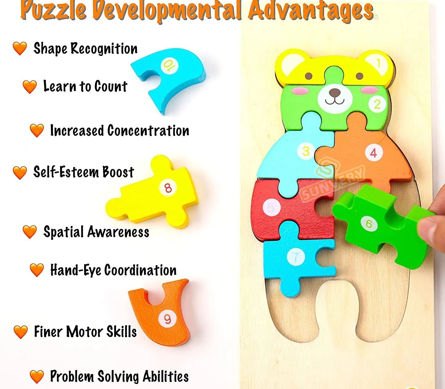 Montessori wooden bear shape puzzle for toddlers building hand-eye coordination at home or nursery.