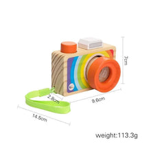 Montessori wooden camera pendant DIY kit layout with measurements, a craft toy for children to build and play with.