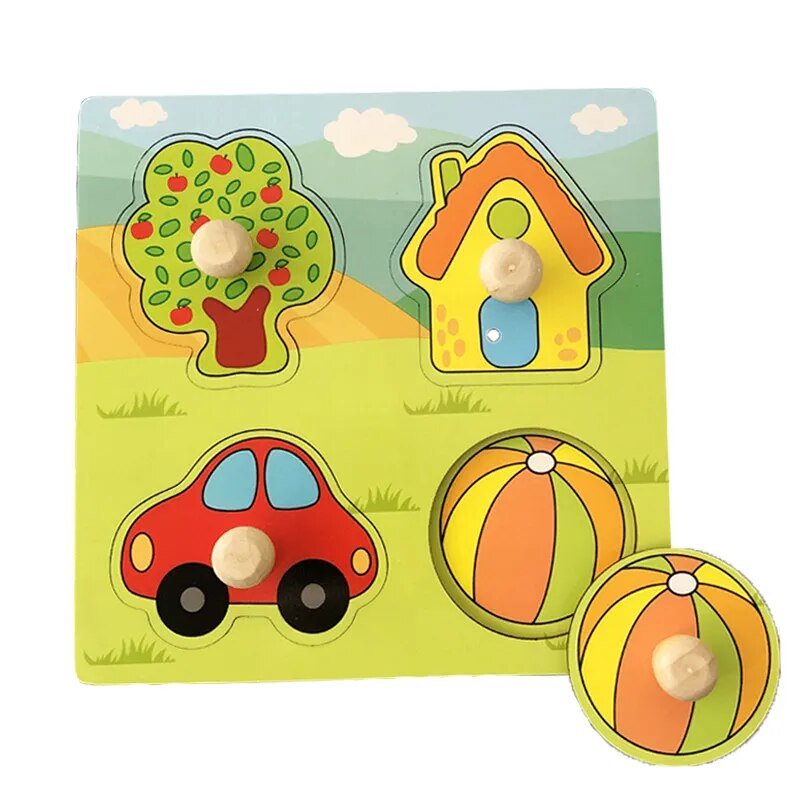 Montessori wooden car house tree shape puzzle toy for kids practicing shape and object recognition.
