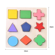 Montessori wooden geometric shape puzzle board with size chart for parents choosing the right toy.
