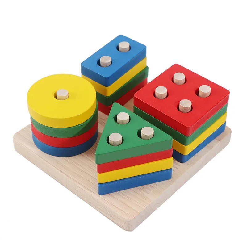 Montessori wooden geometric shape sorter puzzle toy for toddlers building shape recognition and fine motor skills.