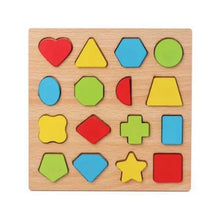 Montessori wooden geometric shape sorting puzzle board for babies developing problem-solving skills.