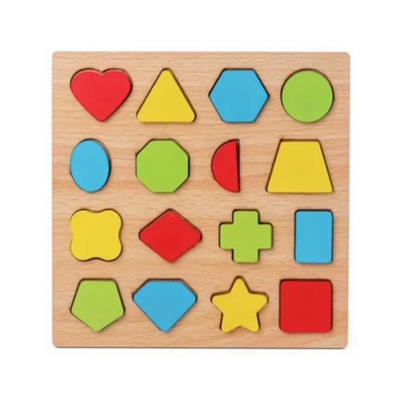 Montessori wooden geometric shape sorting puzzle board for babies developing problem-solving skills.