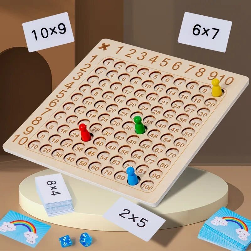 Wooden multiplication board game with pegs and flashcards.