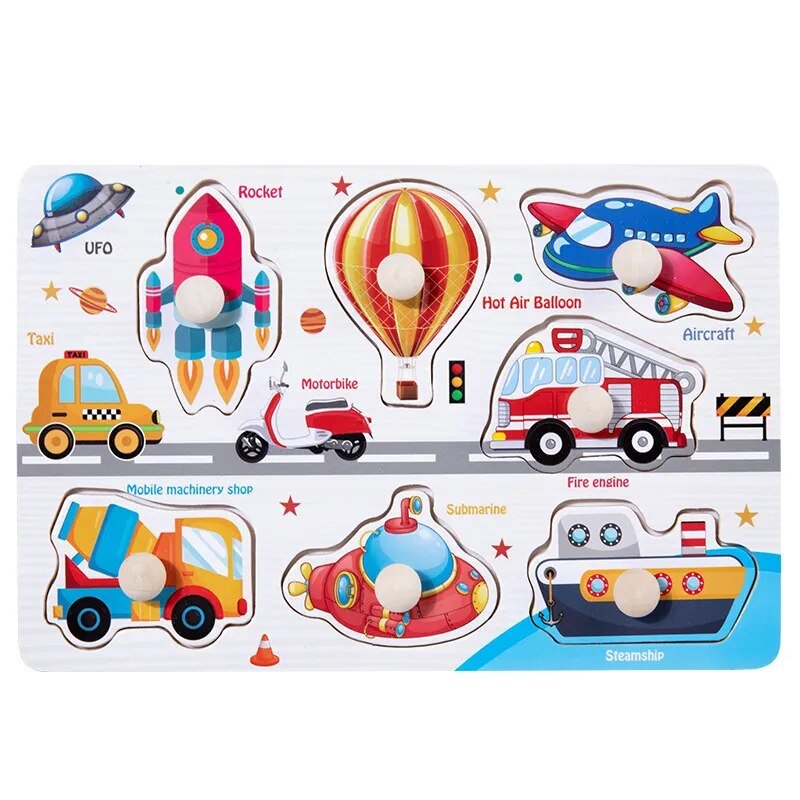 Montessori wooden vehicle and transportation puzzle toy for toddlers learning vehicle names through play.