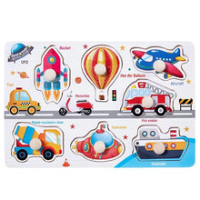 Montessori wooden vehicle and transportation puzzle toy for toddlers learning vehicle names through play.