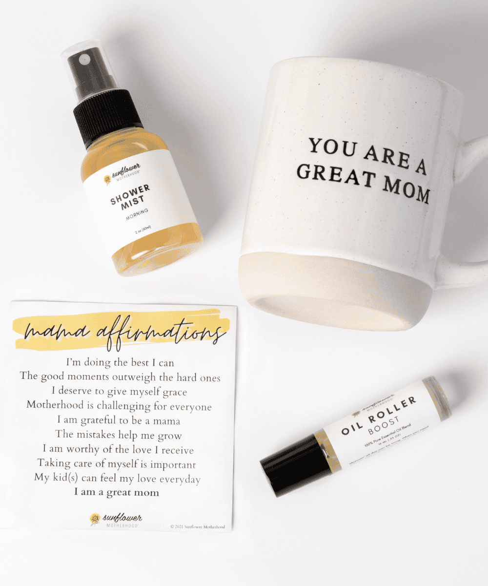 Product set with 'Shower Mist', 'Oil Roller Rollerball', and 'Mug'.