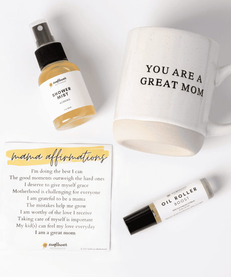 Product set with 'Shower Mist', 'Oil Roller Rollerball', and 'Mug'.