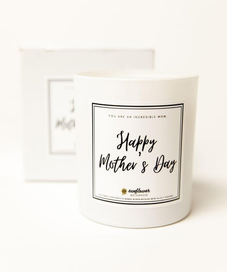 White candle with 'Happy Mother's Day' text.