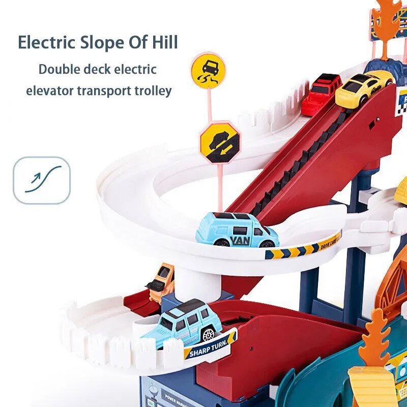 Toy electric slope of a hill with cars and track