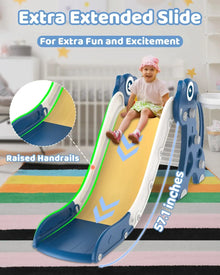 Children's slide with raised handrails and extended slide, child sitting on slide.