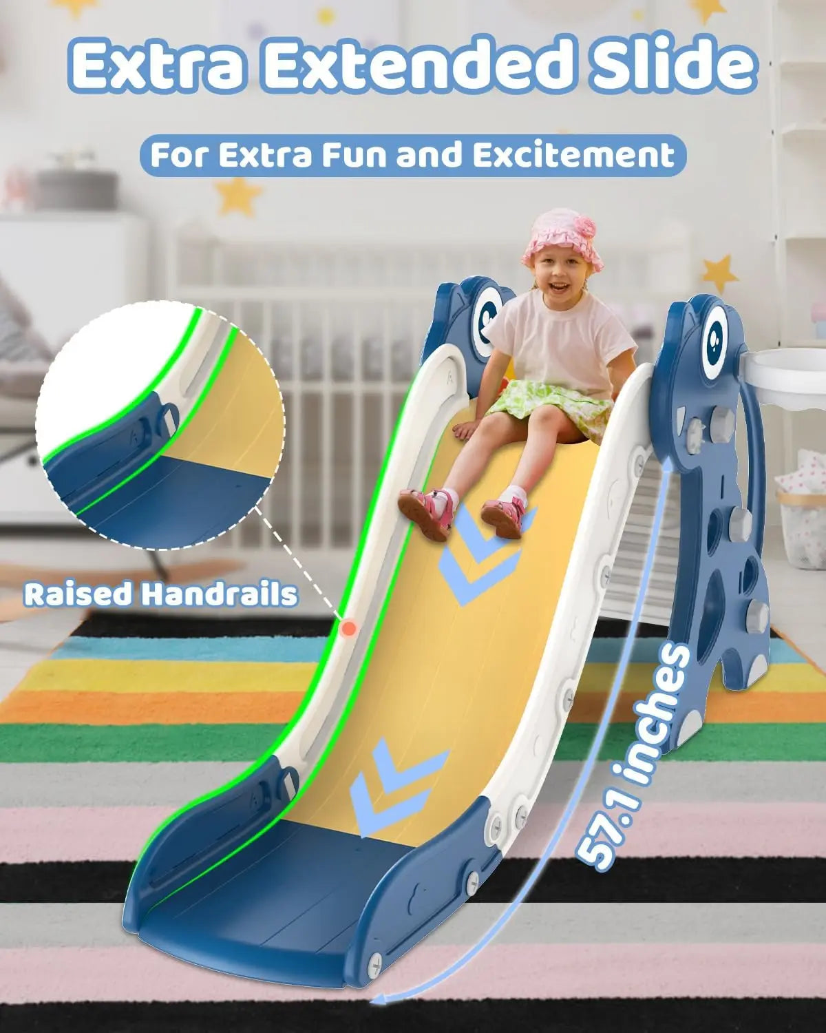 Children's slide with raised handrails and extended slide, child sitting on slide.