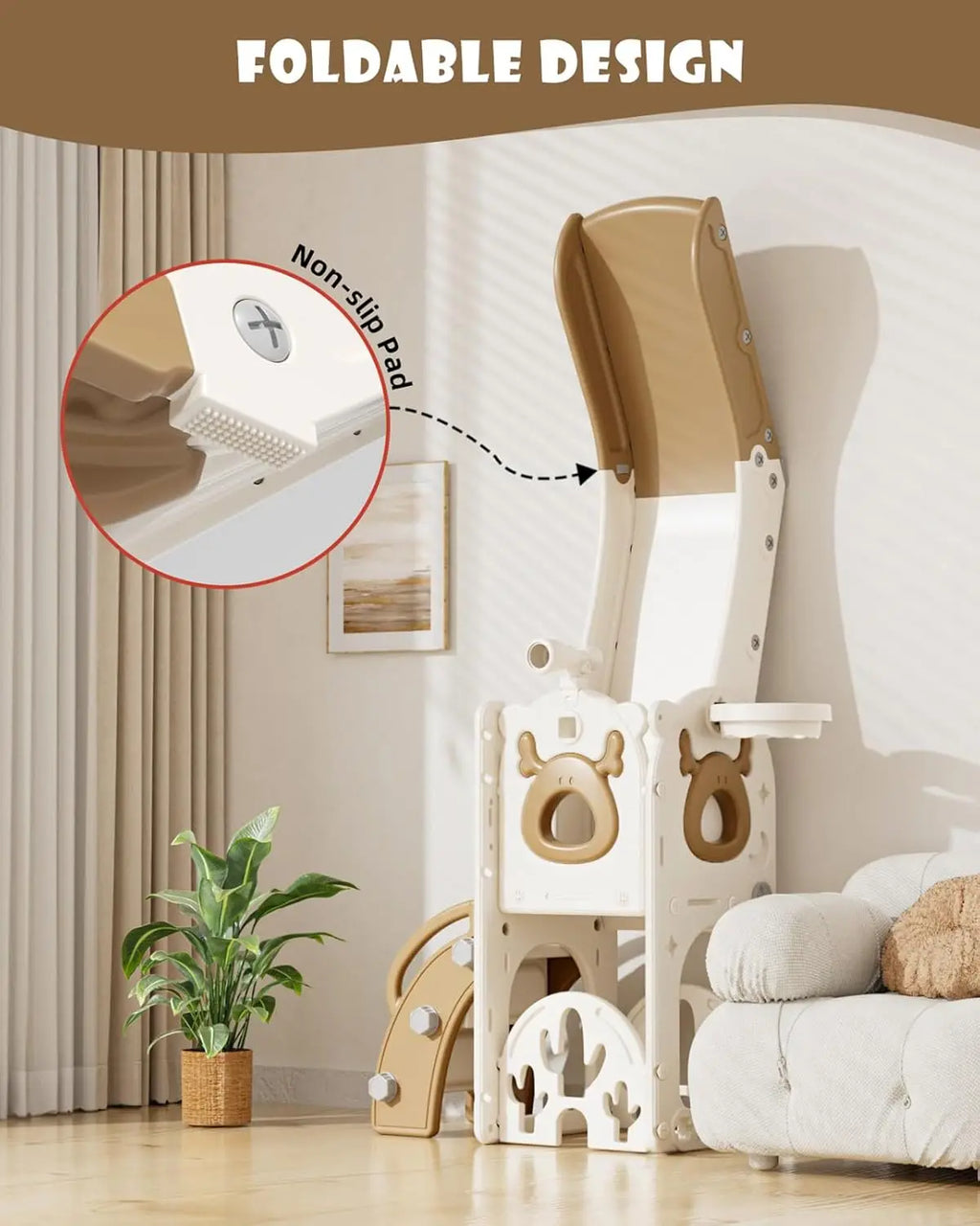 Foldable cat tree with non-slip pad feature in a home setting