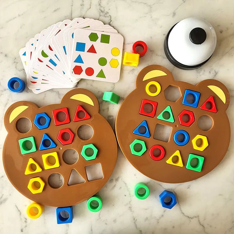 Two bear-shaped educational toys with colorful geometric shapes.