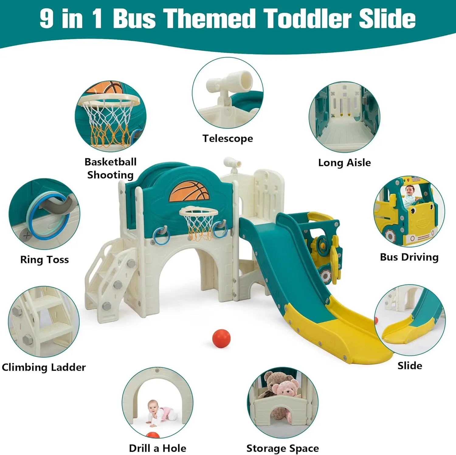 Multifunction 9-in-1 bus-themed toddler slide and climber showing its various play features for active toddlers.