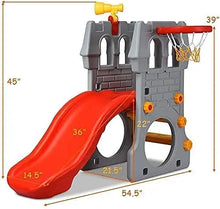 5-in-1 Toddler Slide and Climber size chart showing dimensions for indoor playroom setup.
