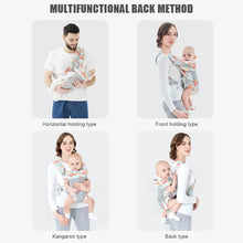 Baby carrier shown in front, back, and hip carrying positions for flexible everyday use from newborn to toddler.