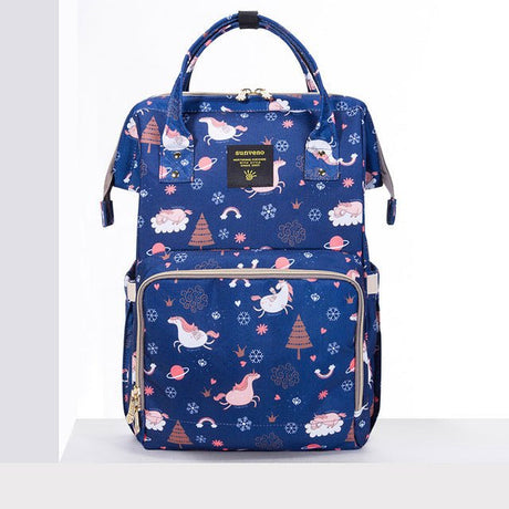 Blue backpack with cartoon patterns 