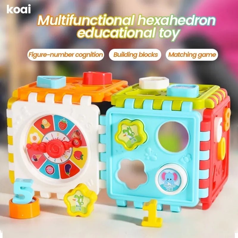 Multifunctional hexahedron shape sorter puzzle block for varied learning activities.
