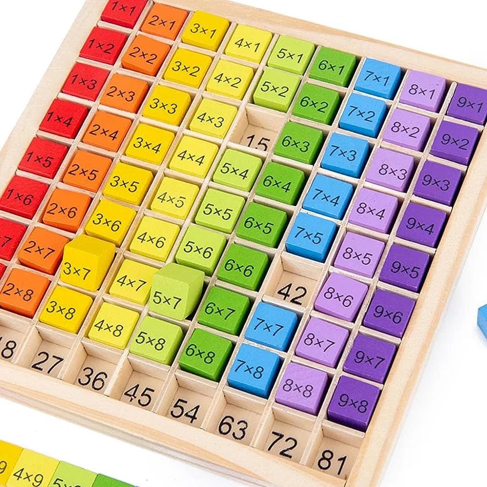 Montessori wooden multiplication board educational toy with a sturdy frame for classroom or home math practice.
