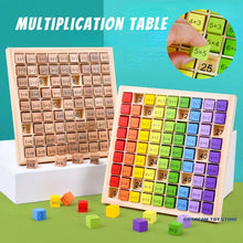 Wooden multiplication chart board set with colorful counting blocks for children learning times tables at home.
