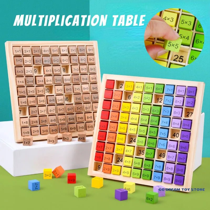 Wooden multiplication chart board set with colorful counting blocks for children learning times tables at home.