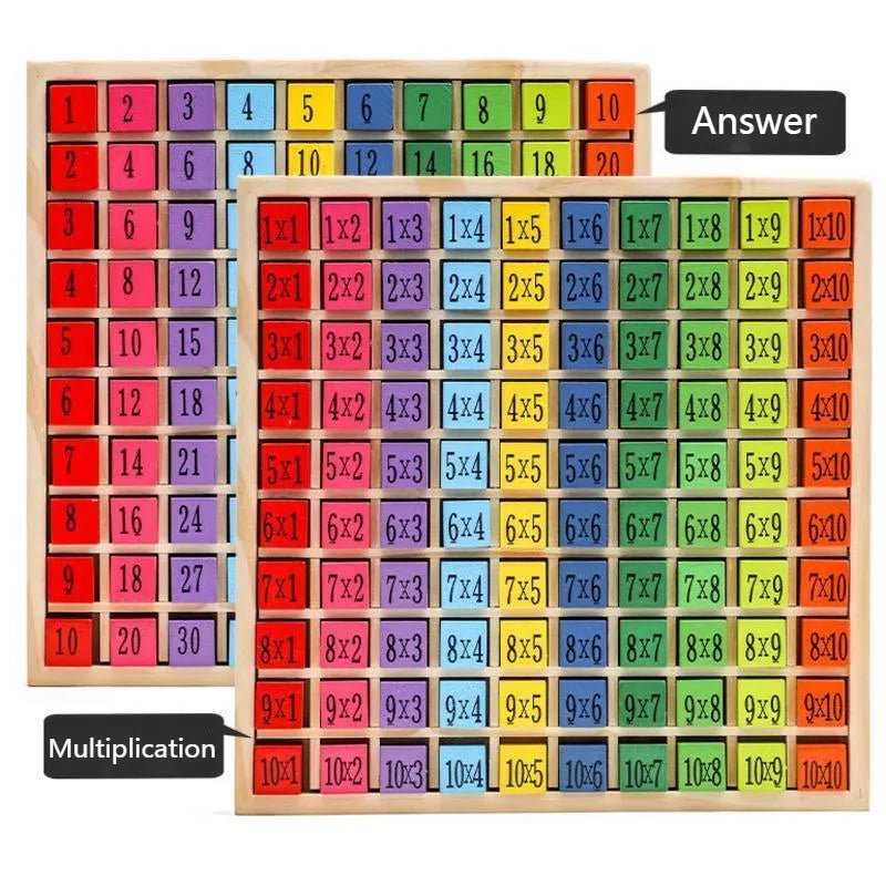 Wooden multiplication table with a built-in answer section for kids checking their times tables independently.