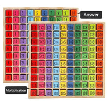 Wooden multiplication table with a built-in answer section for kids checking their times tables independently.